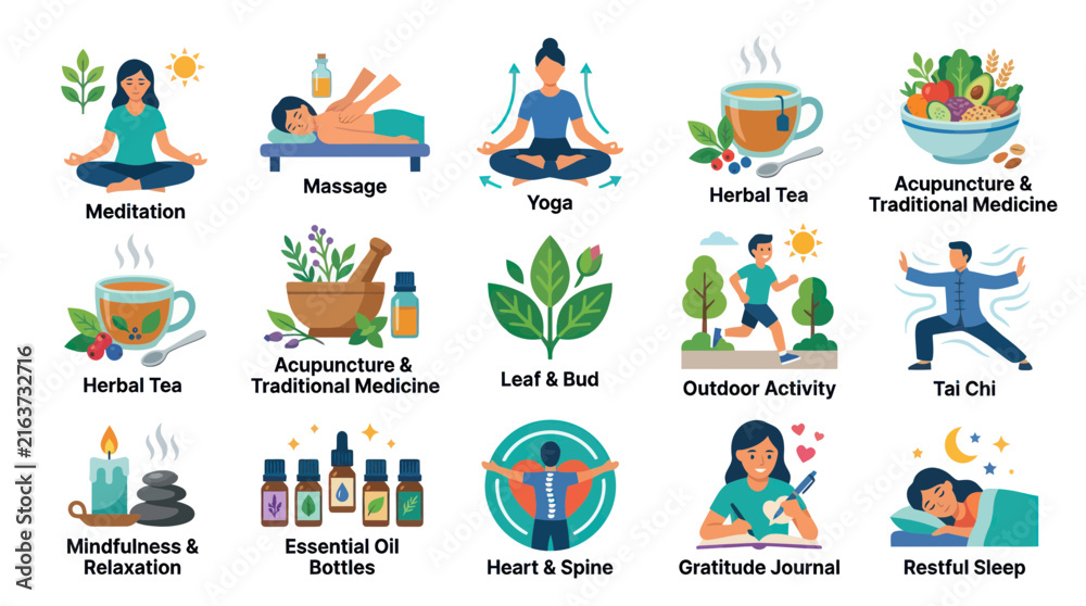 Fototapeta premium Wellness and Self-Care Icons: Meditation, Yoga, Herbal Tea, Flat Style