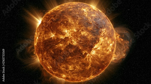 Sun burning intensely with plasma ejections and coronal mass release against a starry background
