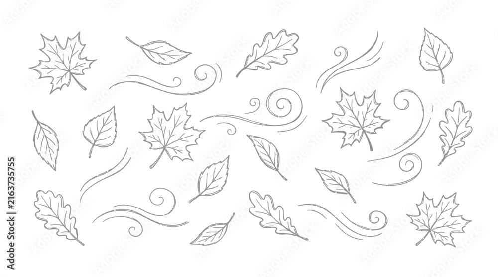 Fototapeta premium Collection of hand drawn autumn leaves with wind swirls in minimalist line art style on white background, perfect for seasonal greeting cards, botanical illustrations and nature themed branding
