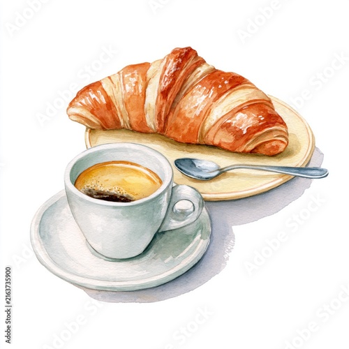 Watercolor painting showing a traditional french breakfast with croissant and coffee