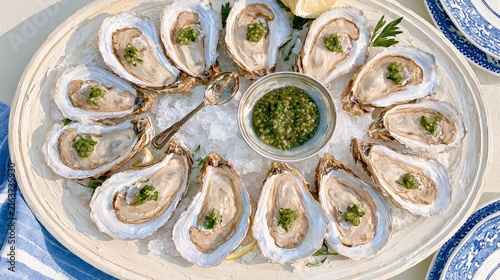 Raw oysters served on crushed ice with a green mignonette sauce, ready for gourmet dining