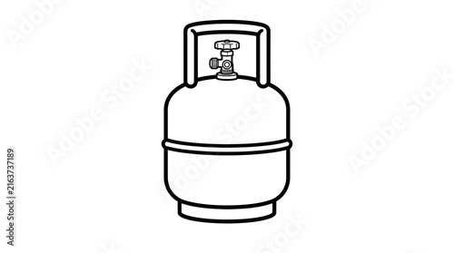 Minimalist black line drawing of a propane gas cylinder with a valve. Simple vector outline illustration for energy, fuel, and industrial concepts