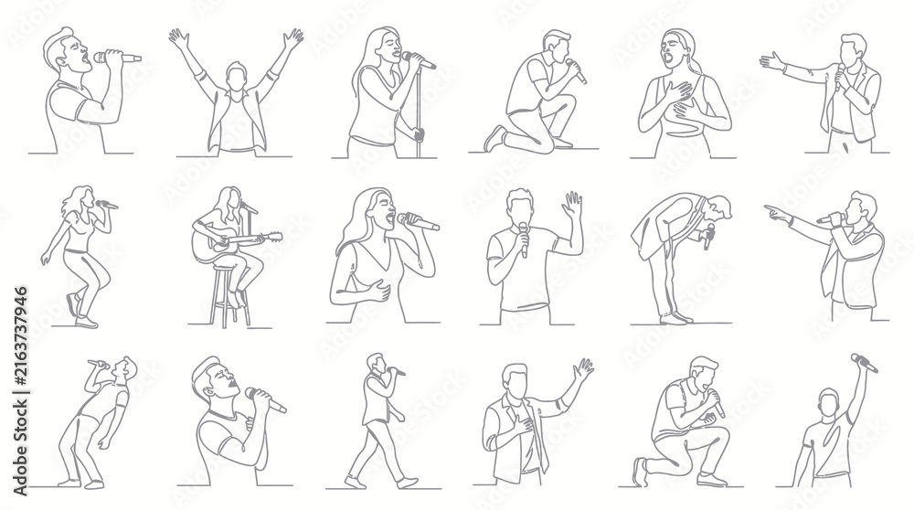 Fototapeta premium Music and Entertainment Industry Singers Performers with Microphones - Continuous One Line Art Style Vector Set