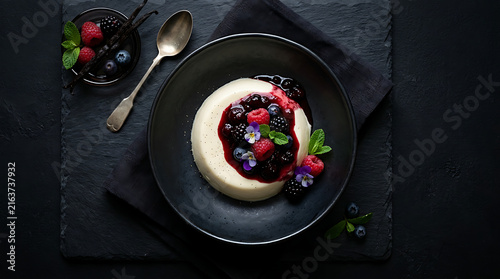 Creamy Panna Cotta Dessert Garnished with Mixed Berries and Mint Leaves in a Black Bowl atop a Textured Dark Surface