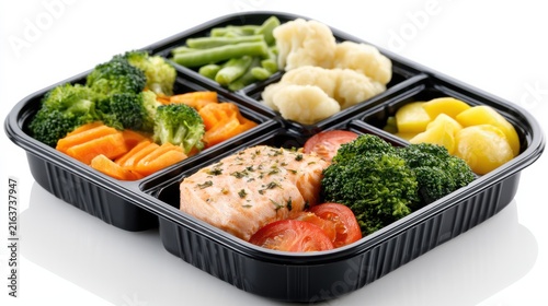 A black plastic container with five compartments, filled with healthy food: steamed salmon, broccoli, cauliflower, carrots, green beans, potatoes, and tomatoes