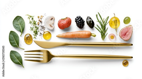 A vibrant array of fresh ingredients arranged neatly with golden cutlery. Featuring greens, berries, vegetables, herbs, mushrooms, and oil, it's a culinary masterpiece