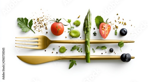 A beautiful arrangement of fresh fruits and vegetables artfully placed on golden cutlery. The vibrant colors and diverse textures create a visually appealing and healthy composition