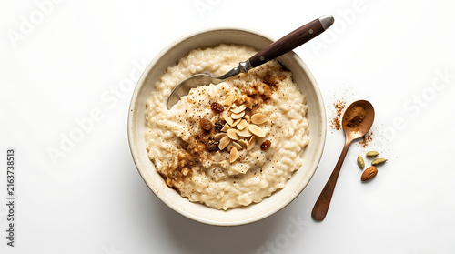Creamy Rice Pudding Bowl Topped With Raisins Almond Slivers And Cinnamon Served On A White Table With Spoons Nearby