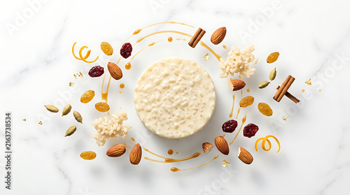 Creamy Rice Pudding Dessert Artfully Arranged with Cinnamon Almonds and Dried Cranberries on Marble Surface