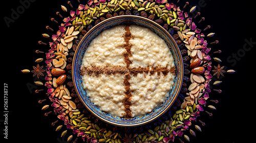 Creamy Rice Pudding Served in Ornate Bowl Decorated with Spices Nuts and Dried Fruits in a Circular Pattern on Black Background Overhead View
