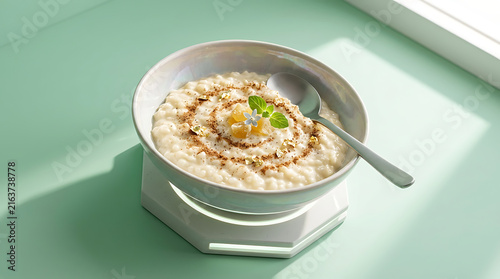 Creamy Rice Pudding Served in an Elegant Bowl with Cinnamon and Garnish on a Light Mint Green Surface with Natural Light Accents