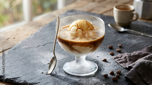 Creamy Vanilla Ice Cream Scoop Melting into Rich Hot Espresso Coffee in Elegant Glass Bowl with Spoon and Coffee Beans on Slate Plate