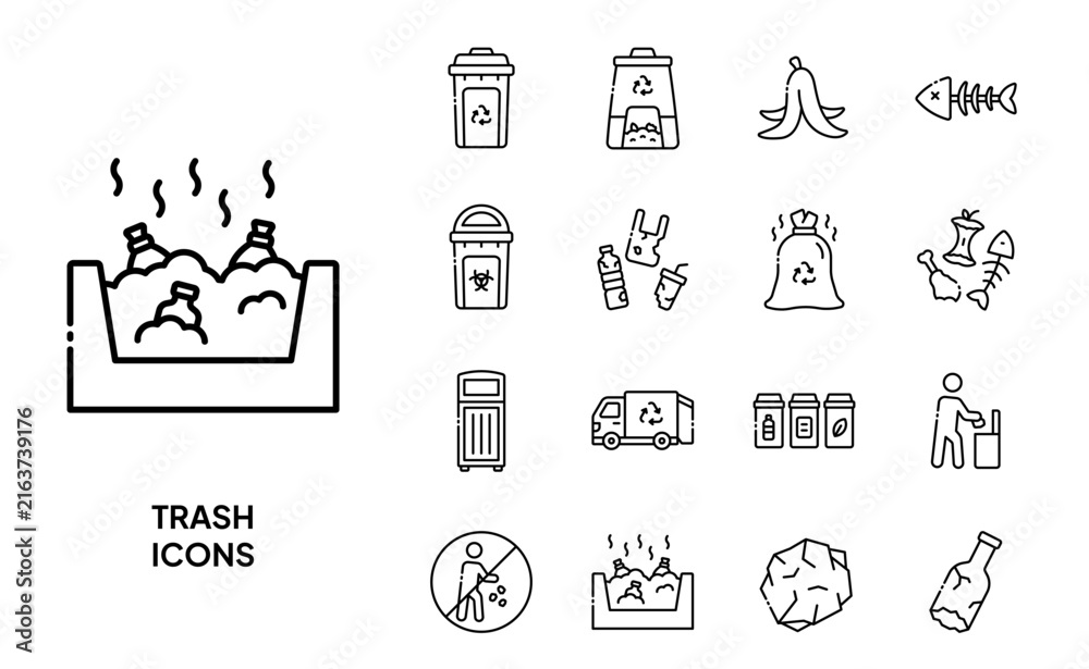 Fototapeta premium Trash Waste Line Icon Set Recycle Garbage Environment
