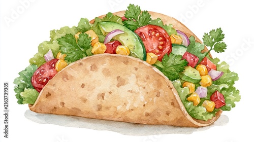 Taco with vibrant watercolor vegetables, avocado, and cilantro, depicting mexican cuisine