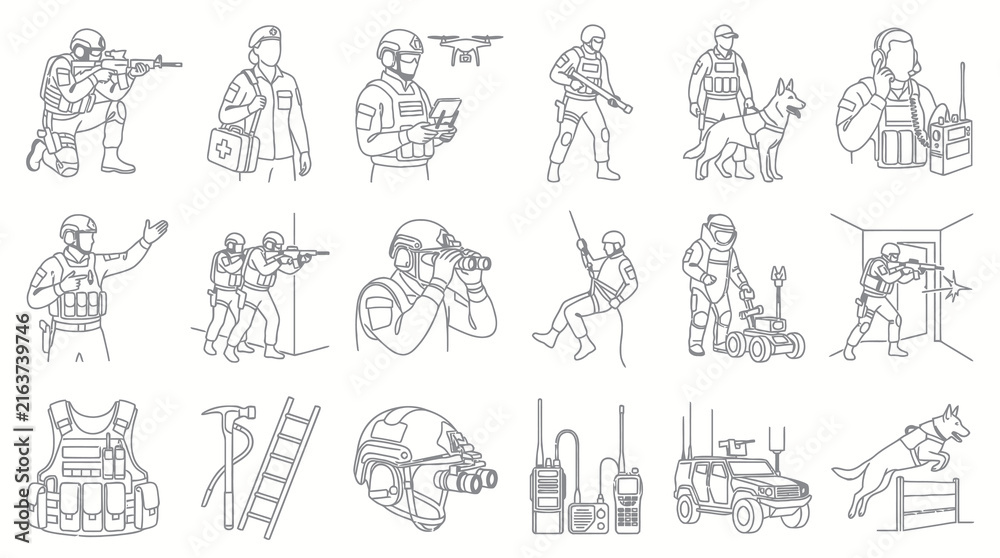 Fototapeta premium Black and White Line Art of Military and Security Personnel with Equipment