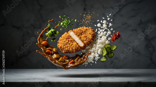 Crispy Breaded Pork Cutlet Katsu Curry Served With Fluffy Rice Sliced Pickles And Chopped Vegetables In A Dynamic Food Photography Setup With A Marble Background