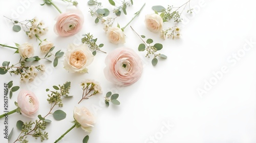 Soft Pink Ranunculus and Cream Roses Floral Flat Lay Background with Eucalyptus Leaves