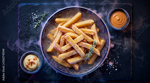 Crispy Golden French Fries Served Hot with Creamy Dipping Sauces and Herbs on a Dark Slate Background with Wisps of Steam