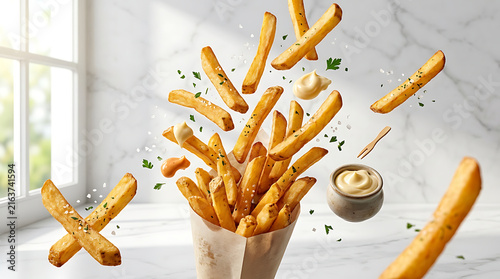 Crispy Golden French Fries Flying Out of a Paper Cone with Creamy Dipping Sauce and Parsley Sprinkles on a Marble Countertop with Natural Light
