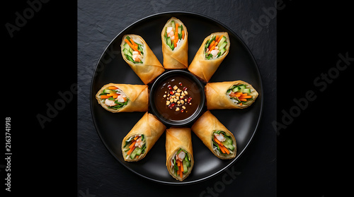Crispy Golden Spring Rolls Arranged In A Circle With Dipping Sauce In The Center On A Black Plate