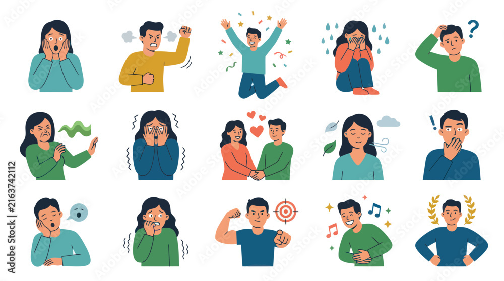 Fototapeta premium Diverse Emotions Flat Vector Icons: Happy, Sad, Angry, Surprised, Love, Fear