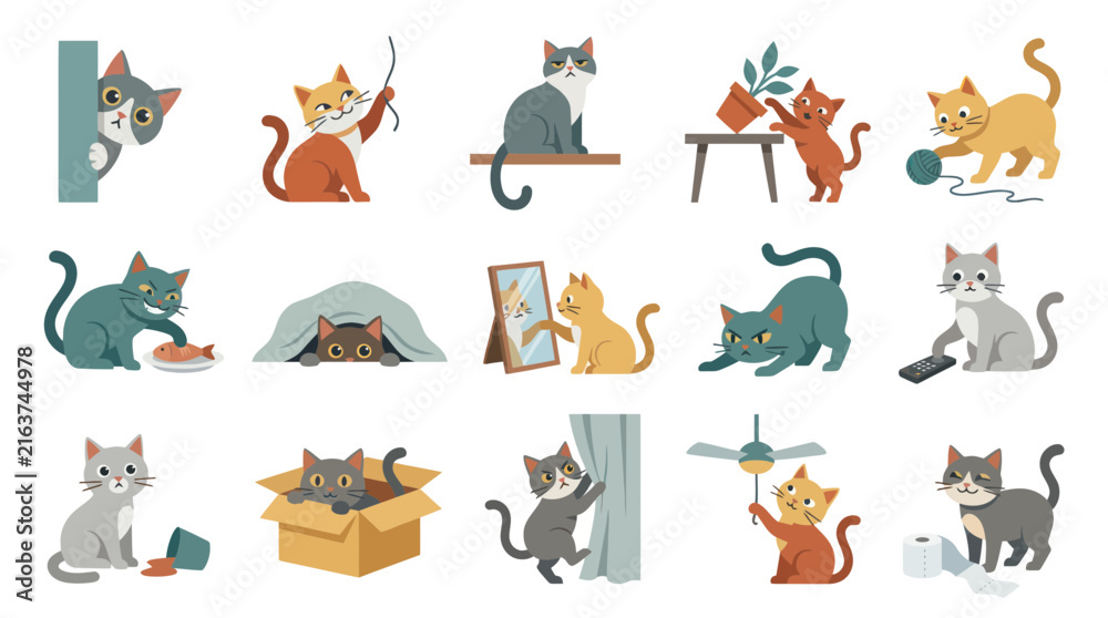 Obraz premium Cute Cartoon Cats Collection - Flat Design, Vector Illustrations of Feline Animals