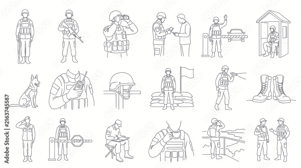 Obraz premium Military and Security Personnel Line Art Icons Set - Black and White Army Soldier Illustrations