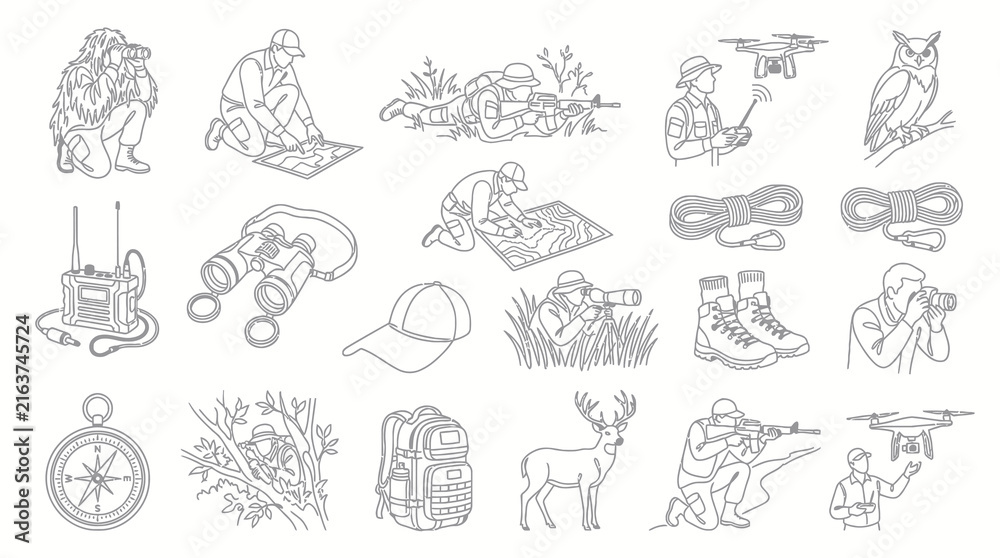 Obraz premium Outdoor Adventure, Wildlife Hunting Line Art Icons Set. Nature Exploration, Surveillance Observation Outline Collection.