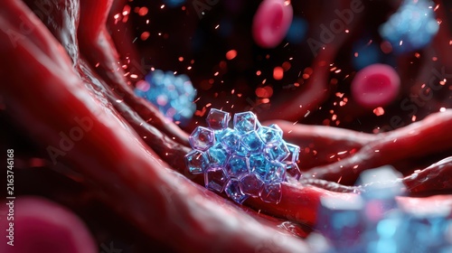 Glucose crystals and red blood cells inside a blood vessel illustrating high blood sugar, diabetes and hyperglycemia concept.