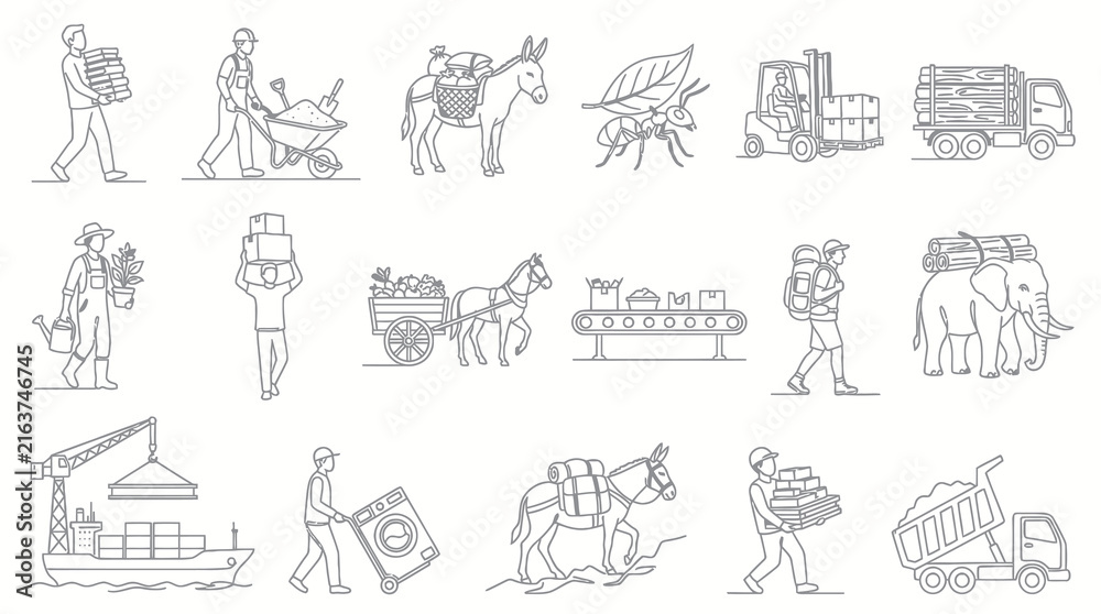 Naklejka premium Transportation, Logistics, Labor Delivery Methods: Black Line Art Icon Set