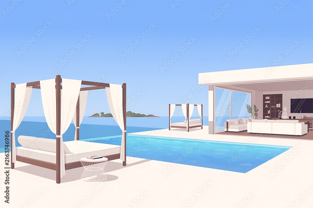 Fototapeta premium Luxurious villa pool overlooking tropical ocean high resolution picture