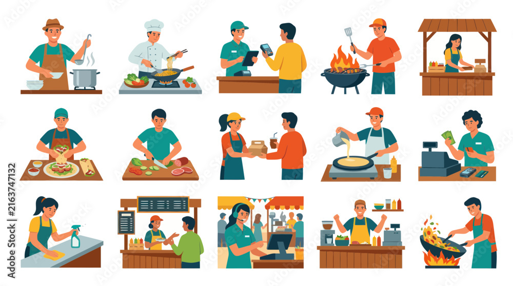Fototapeta premium Flat Illustration of Food Service People Cooking, Serving, and Cleaning