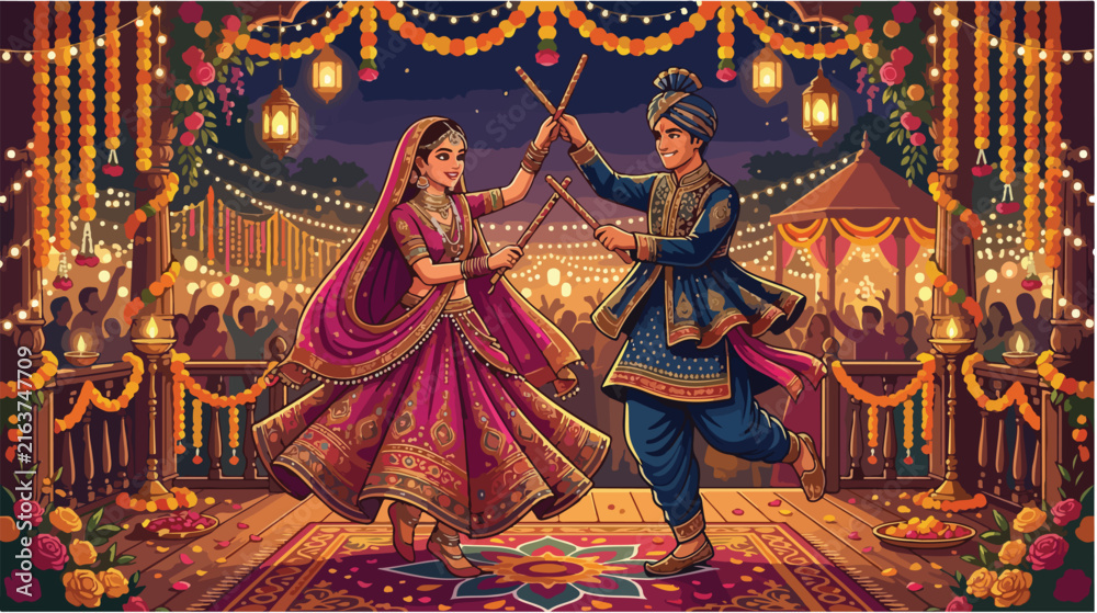 Fototapeta premium Couple dancing Garba with dandiya sticks in traditional attire.