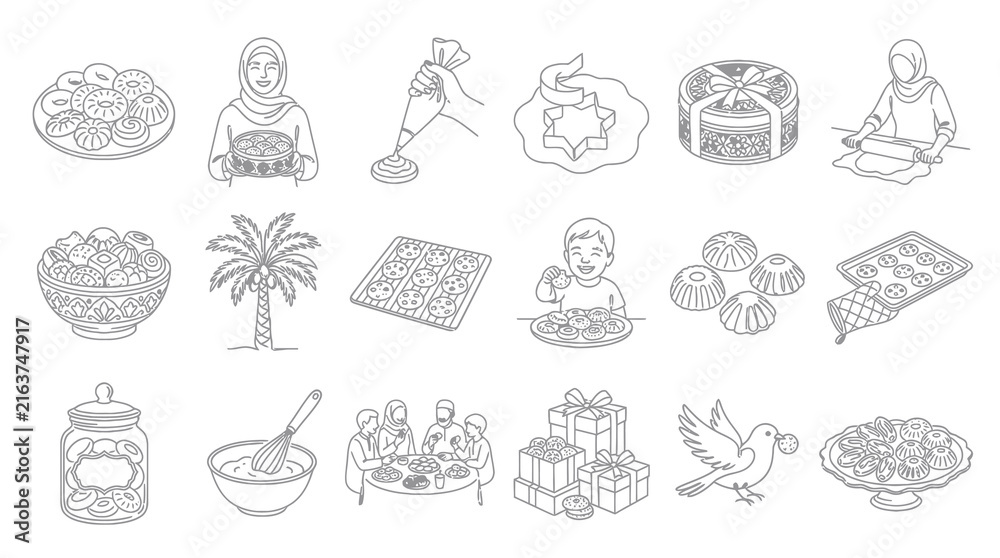 Fototapeta premium Black and White Line Art Doodle Icons for Traditional Middle Eastern Eid Sweets, Baking, and Celebration