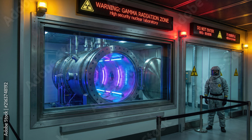 Gamma radiation warning zone with high security nuclear laboratory and person in protective suit standing near restricted area