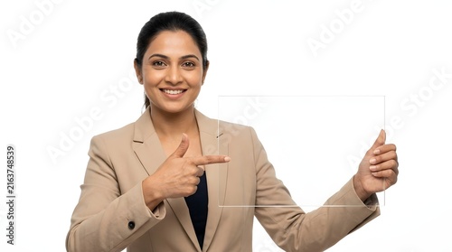 Professional Indian businesswoman holding a blank sign for copy space against white background.
