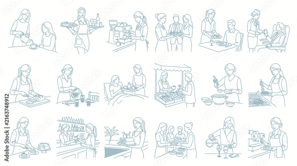 Naklejka premium Black White Line Art of Food Service and Hospitality Staff Serving Customers