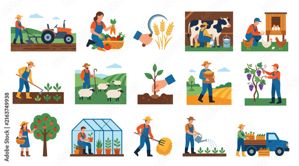 Fototapeta premium Farming and Agriculture Vector Icons: Farmers, Crops, Livestock, and Machinery