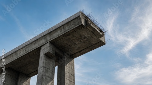 Unfinished concrete bridge overpass structure with exposed rebar.