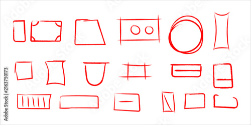 Set of hand drawn red ink rectangular and geometric shapes isolated on a white background