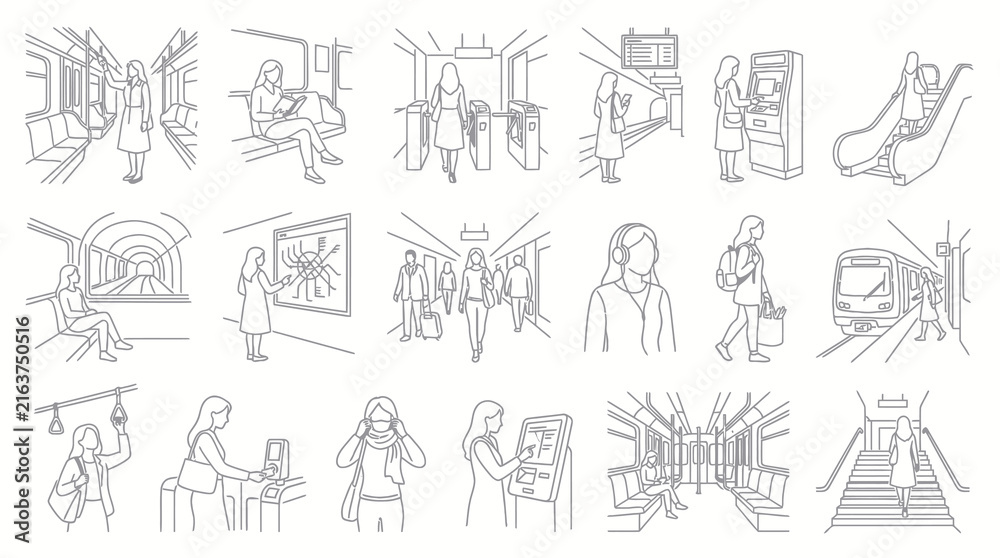 Fototapeta premium Black and White Line Art of People in Public Transportation Subway Station