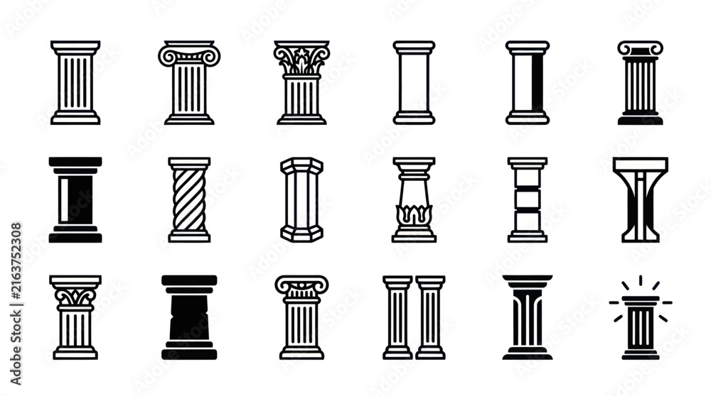 Obraz premium Collection of classical architectural columns and pillars in a clean, minimalist vector art style, showcasing various ornate and simple designs
