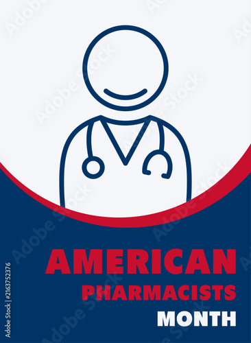 American Pharmacists Month vector illustration with a doctor avatar line icon, stethoscope, and blue red background poster design.