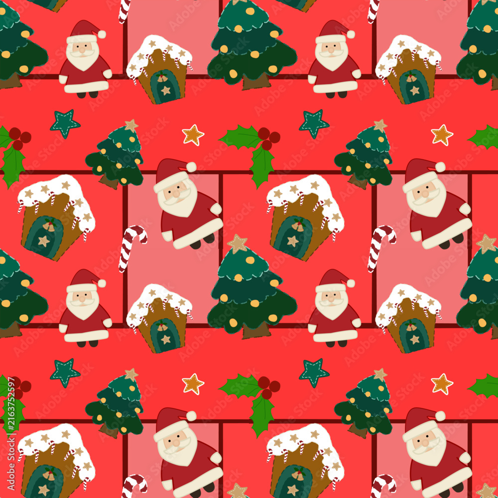 Naklejka premium Christmas theme seamless pattern graphic with Santa Claus, Christmas tree, snowy gingerbread house ,candy canes and holly leaves on a red background for gift wrapping paper, wallpaper