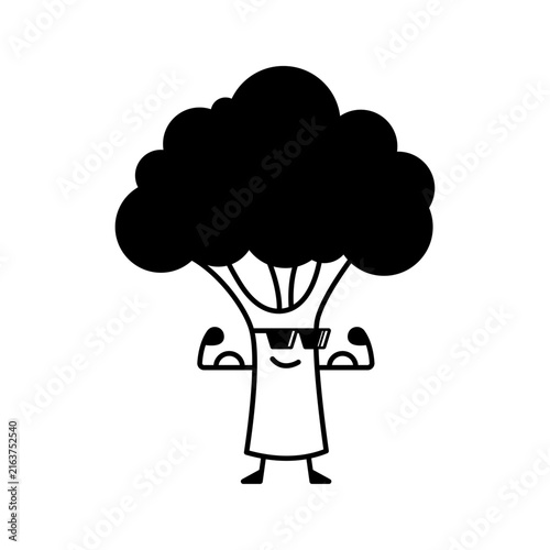 Strong cool broccoli character flexing muscles wearing sunglasses, cute healthy food vector illustration, black and white linear mascot icon isolated on white background.