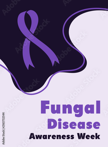Fungal Disease Awareness Week poster vector background with purple awareness ribbon icon and abstract wavy shapes. Suitable for banner, healthcare template, and educational poster.