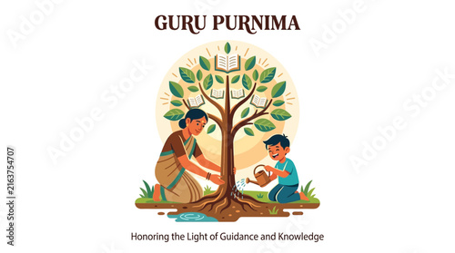 Guru Purnima Illustration with Teacher and Student Planting Tree