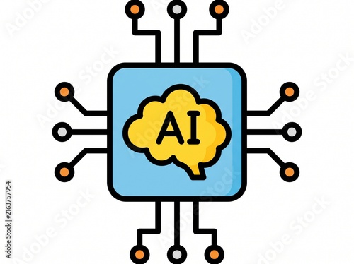 Artificial Intelligence Icon with Brain Symbol on Microchip, Flat Vector Illustration of AI Technology and Machine Learning Concept
