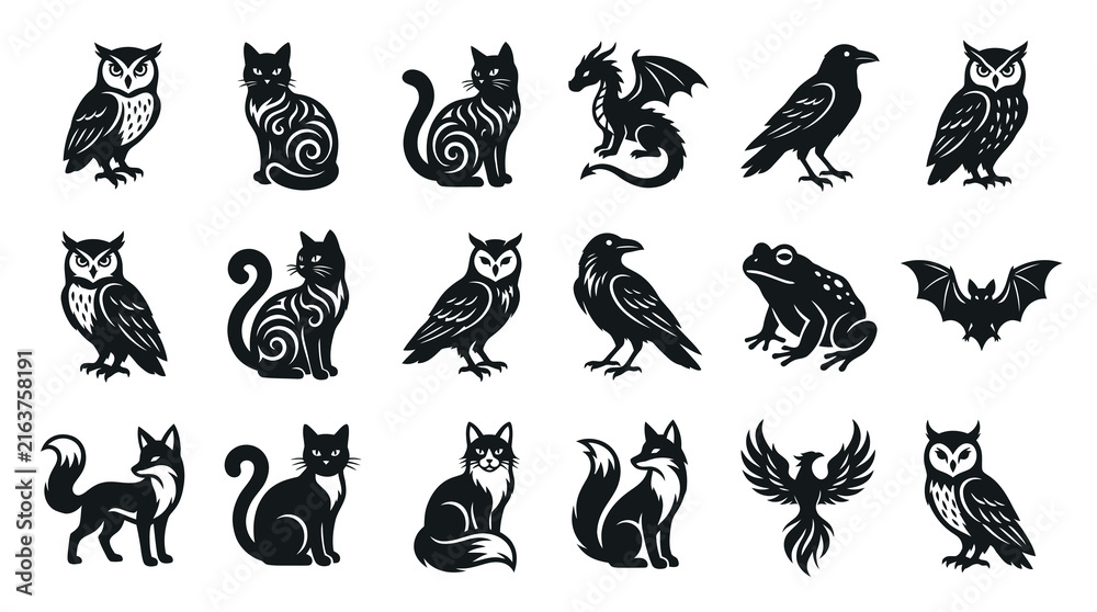 Obraz premium Black White Stylized Animal Glyph Icons Set. Vector Illustrations of Fantasy Nature Creatures for Graphic Design.