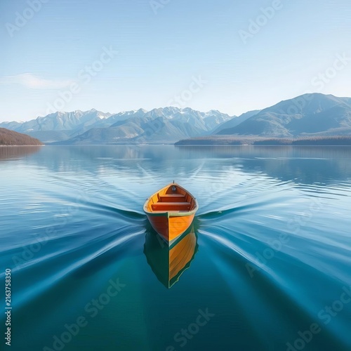 Rowboat gliding across glassy lake surface, with distant mountains in the background, calm, glassy